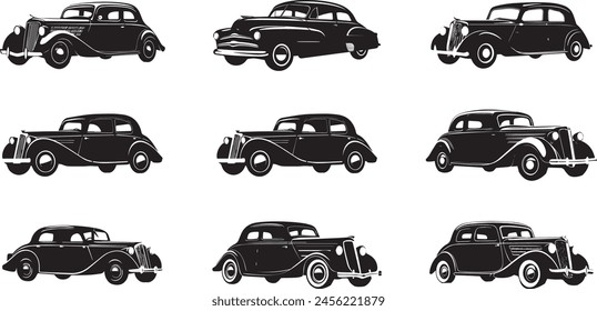 Vintage cars collection. set of vintage car silhouette. vintage car illustaration