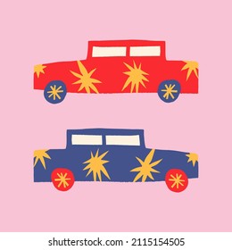 Vintage cars groovy cute comic character boho doodle modern art print funny handdrawn childish cartoon funky trendy style vector illustration