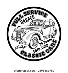 Vintage cars logo emblem  poster and t-shirt vector design monochrome