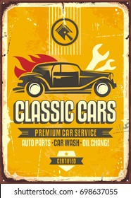 Vintage cars old worn sign. Classic cars retro poster with old vehicle on yellow background. Car service and repair advertisement.