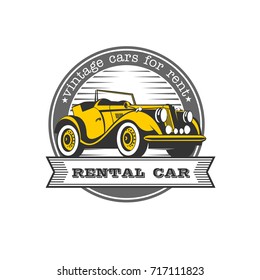 Vintage Cars For Rent. Yellow Retro Car Convertible. Vector Logo Isolated On White Background.