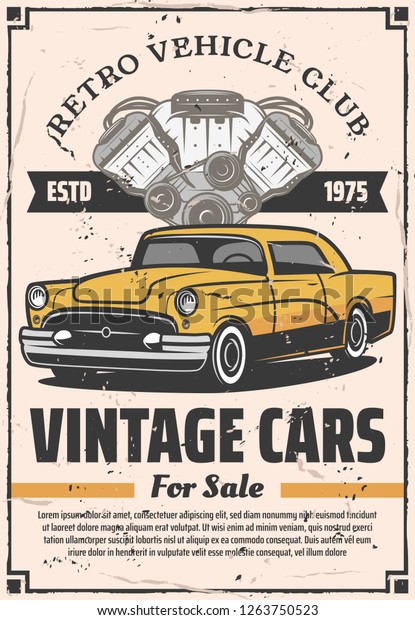 Vintage cars sale garage, retro\
vehicles club and mechanic service station of engine repair and\
chassis restoration and diagnostics. Vector vintage retro\
design