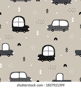 Vintage Cars Seamless Pattern Winter Background With A Small Christmas Tree And Snow Hand Is Drawn Design In Cartoon Style Used For Fabric, Fashion Textile, Vector Illustration