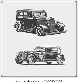 Vintage cars set. Retro cars garage. Classic muscle cars labels, emblems and design elements.