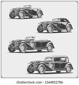 Vintage cars set. Retro cars garage. Classic muscle cars labels, emblems and design elements.