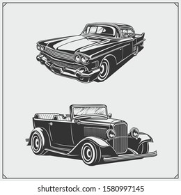 Vintage cars set. Retro cars garage. Classic muscle cars labels, emblems and design elements.