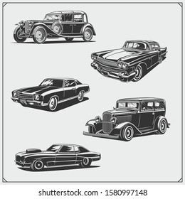 Vintage cars set. Retro cars garage. Classic muscle cars labels, emblems and design elements.