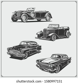 Vintage cars set. Retro cars garage. Classic muscle cars labels, emblems and design elements.