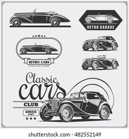 Vintage cars set. Retro cars garage. Classic muscle cars labels, emblems and design elements.