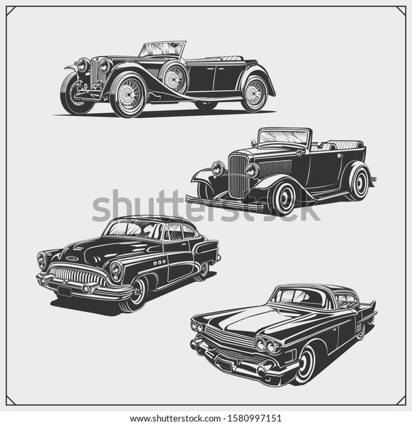 Vintage cars set. Retro cars garage.\
Classic muscle cars labels, emblems and design\
elements.