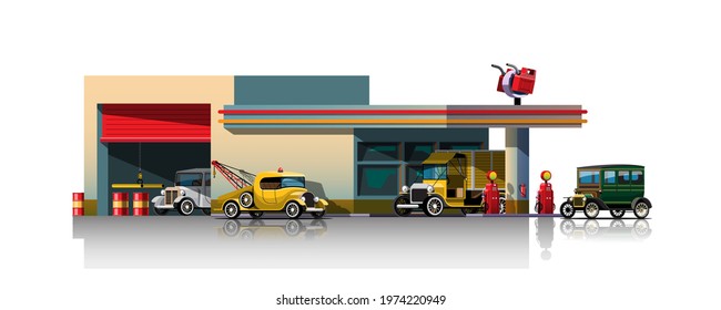 vintage cars waiting to filling up at fuel station vector illustration