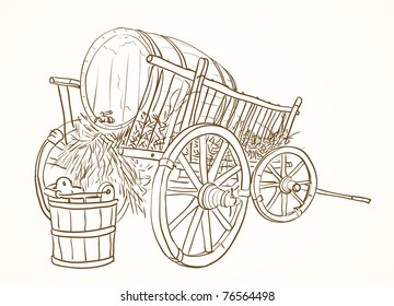 vintage cart with a barrel of wine and a bucket