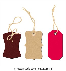 Vintage Carton Tags Tied Up With Linen String Bow And Knots Vector Illustration. Brown And Red Color Labels.