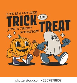 vintage cartoon about halloween with pumpkin and ghost character