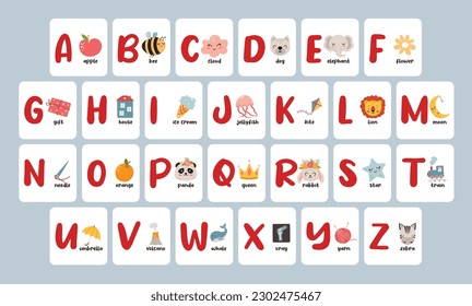 Vintage cartoon alphabet cards. Learn ABC with kids, educational poster with letters and cute illustrations for nursery and school vector clipart set. Font for children with funny characters