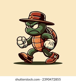 Vintage cartoon angry turtle, retro mascot design, vector illustration