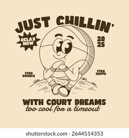 Vintage cartoon basketball relaxing with playful sporty attitude