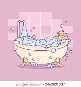 Vintage cartoon bathtub overflowing with foam frothy bubbles, with rubber duck. Cozy bathroom. Vector illustration. Cute kawaii style