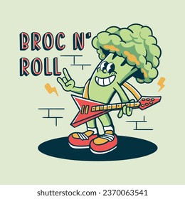 vintage cartoon broccoli holding electric guitar