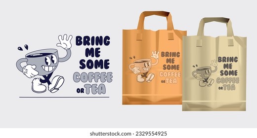 vintage cartoon cafe logo, cup of coffee comic mascot, walking and waving a hand, paper bag design mockup, vector
