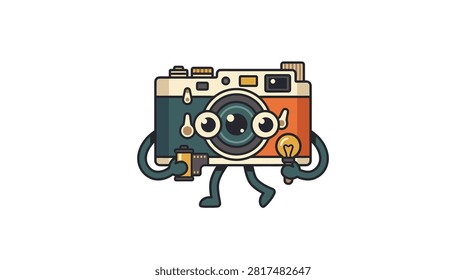 A vintage cartoon camera character with big eyes, holding a film roll and a light bulb, symbolizing creativity and photographic ideas.