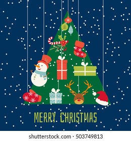 Vintage cartoon card design for Merry Christmas, Typographic Wishes and Winter Holiday Elements. Greeting hand drawn illustration for Xmas. Mitten, tree, snowman, gift box, deer, sock, mistletoe.