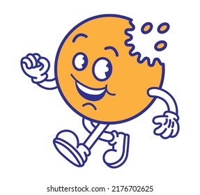 Vintage cartoon character with a body of a bitten cookie. Restaurant, fast food mascot. Vintage rubberhose comic style design. vector illustration