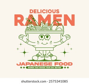 vintage cartoon character of ramen japanese food. Can be used as Sticker, t shirt design, streetwear, apparel, posters, prints design. Retro cartoon illustration design