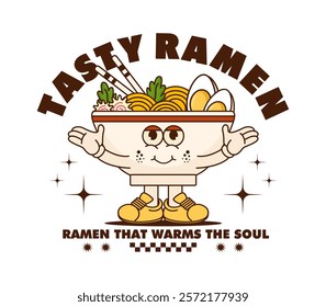 Vintage cartoon character of tasty ramen. Perfect for T-shirt designs, stickers, posters, prints, and apparel. Retro cartoon style, vector illustration