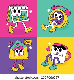 Elementos de diseño de personajes de dibujos animados de Antiguas con caras divertidas Ilustración vectorial de estilo retro