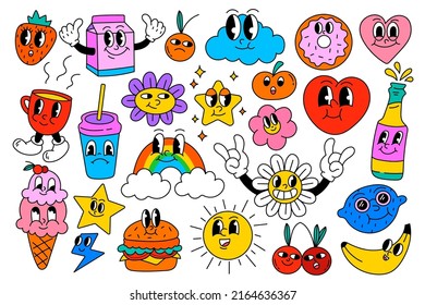 Vintage-Cartoon-Figuren mit lustigen Gesichtern. Emoticons im Retro-Stil. Comic-Doodle einzeln auf weißem Hintergrund. Ziehe kawaii Maskottchen. Vektorgrafik