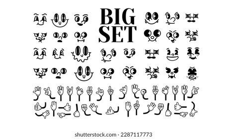 Vintage cartoon characters, hands in gloves. Cute animation character body parts. Comics arm gestures vector set. Different foot movements and positions