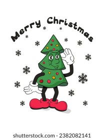 Vintage cartoon Christmas tree funny character with groovy lettering. Winter holiday typographic composition. Flat hand drawn slogan Merry Christmas with old cartoon character. Concept illustration