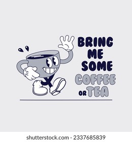 Vintage cartoon coffee cup mascot, vector illustration