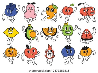 Antiguas Colección de dibujos animados de frutas - Ilustraciones de estilo retro con personajes alegres