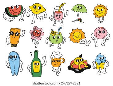 Vintage Cartoon Collection of Summer Related Object, Foods, Drinks, Fruit - Retro Style Illustrations with Cheerful Characters