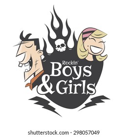 vintage cartoon couple, text Rockin' Boys & Girls