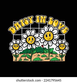 Vintage cartoon daisy flower, bring rose flower for mates illustration. Simple retro cartoon character for poster, banner, graphic print