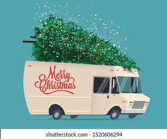 Vintage Cartoon Delivery Truck With Christmas Tree On The Roof. Gift Delivery. Christmas Delivery Service. Vector Illustration.