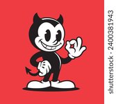 Vintage cartoon devil mascot, vector illustration. Retro logo, ads character design.