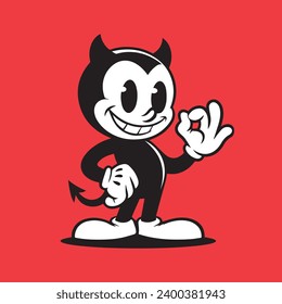 Caricatura vintage de la mascota del diablo, ilustración vectorial. Logo retro, diseño de caracteres de anuncios.