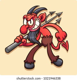 Vintage cartoon devil walking with trident. Vector clip art illustration with simple gradients. All in a single layer. 
