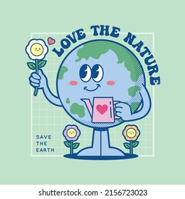 Vintage Cartoon Earth Globe Holding Watering Can With Flower Plants. Love The Nature, Environment Friendly Concept Illustration. Simple Retro Cartoon Character For Poster, Banner, Graphic Print.