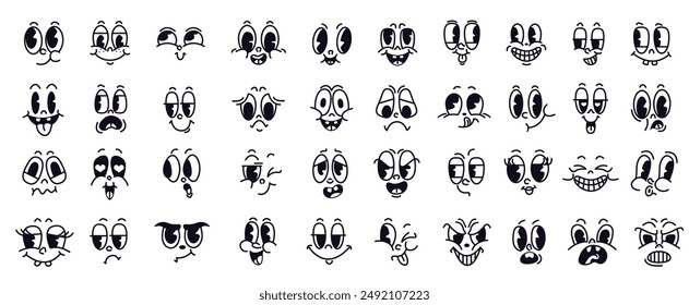 Vintage cartoon faces icon set on white background. Thin line vector style perfect for creating retro emoji and facial emotion graphics