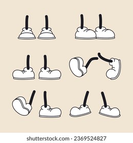 Pies de caricatura de época en zapatos. Piezas de cuerpo de carácter de animación personalizada. Los cómics que caminan en la pierna representan un conjunto de vectores. Diferentes movimientos y posiciones de pie.