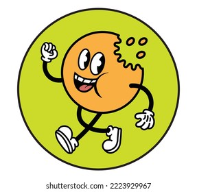 Vintage cartoon flat character of a running cookie mascot, vector illustration, logo, sticker design concept