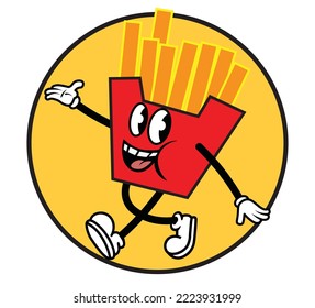 Vintage cartoon flat character of a walking french fries mascot, vector illustration, logo, sticker design concept