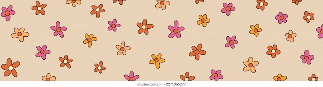 Vintage Cartoon Flowers on textured background. 1970s hand-drawn flowers banner. Retro floral header. Vector Illustration. EPS 10.