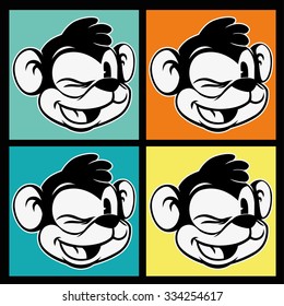 Vintage cartoon. four images of smiling and winking retro monkey character on the background colorful squares