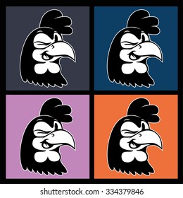 Vintage cartoon. four images of smiling and winking retro rooster character on the background colorful squares